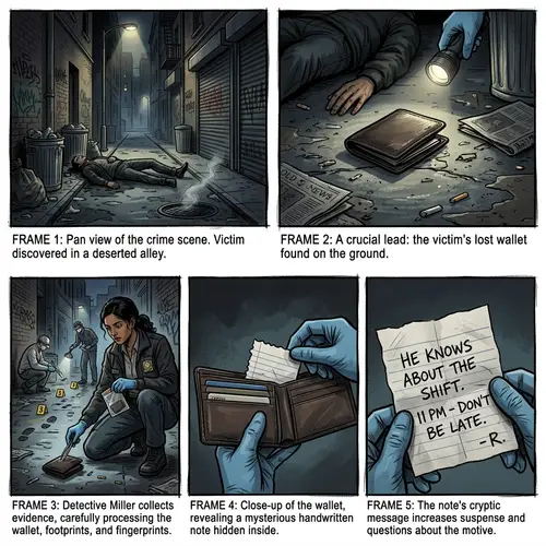 Suspenseful Crime Scene Storyboard in Dimly Lit Alley | Forensic Detective Unravels Mystery