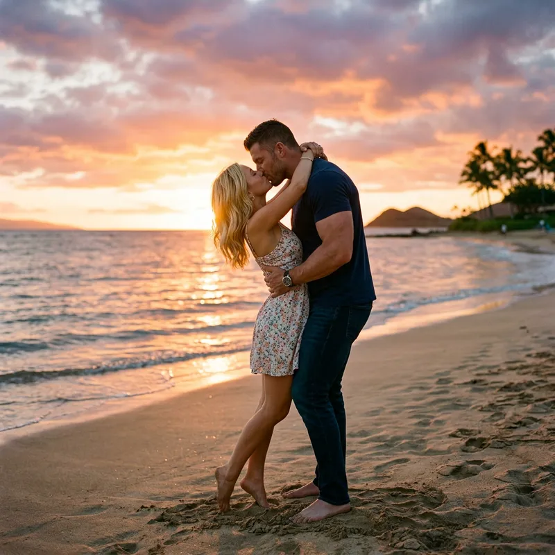 Romantic Sunset Kiss: Handsome Guy & Blonde Beauty