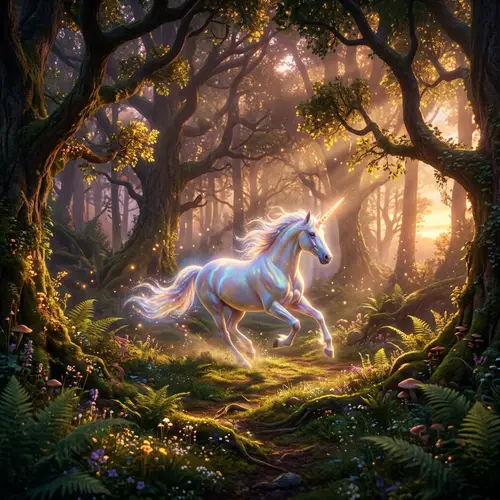 Sunset-Lit Mystical Forest with Majestic Unicorn