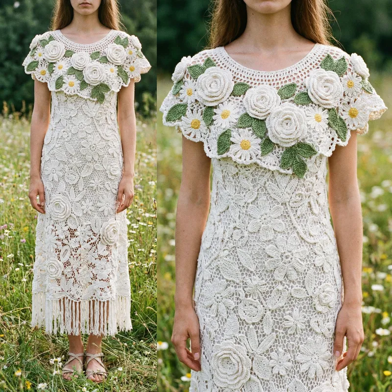Elegant White Crochet Dress with Floral Details