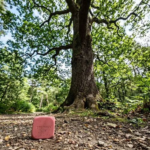 Rubber Eraser next to Tall Sturdy Tree - Contrast in Nature