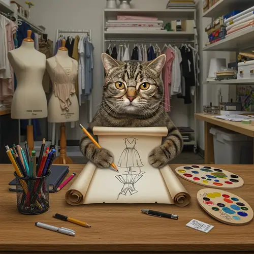 Creative Tabby Cat Artist in a Fashion Studio