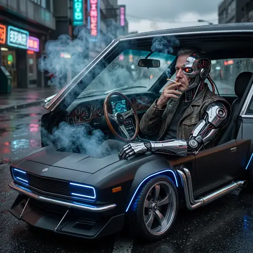 Futuristic Car with Humanoid-Robot Driver Smoking Inside