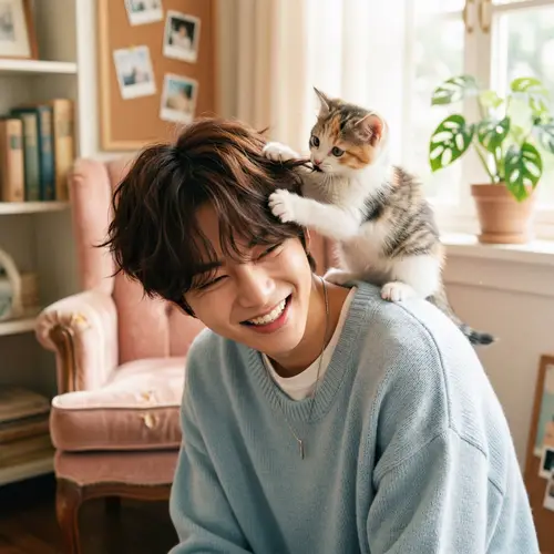 Whimsical Male Kitten Playing in Dreamy Setting | K-pop Inspired