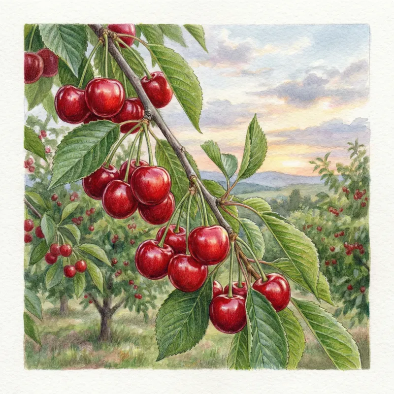 Beautiful Cherry Fruits on Branch Landscape Illustration