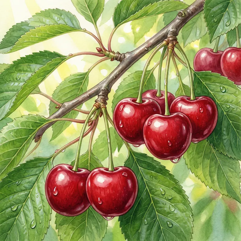 Detailed Cherry Fruits Illustration | Vibrant Close-Up View Detailed Cherry Fruits Illustration | Vibrant Close-Up View