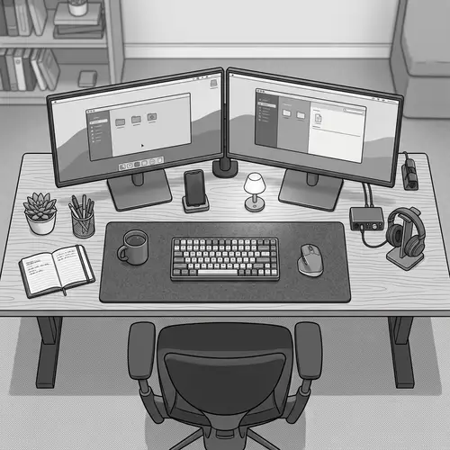 Sleek Black and White Dual Monitor Desk Setup for Mouse Pad Background