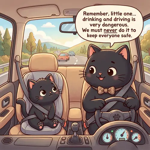 Cute Black Daddy Cat Teaching No Drink & Drive Lesson