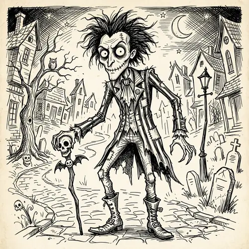 Strange Character Line Art in Tim Burton Style