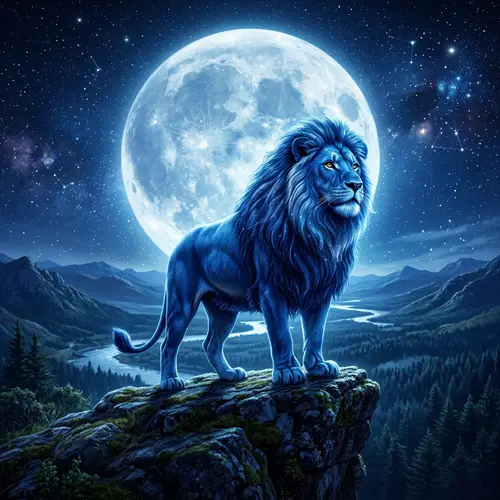 Blue Lion Under Full Moon | Majestic Lunar Dreamscape