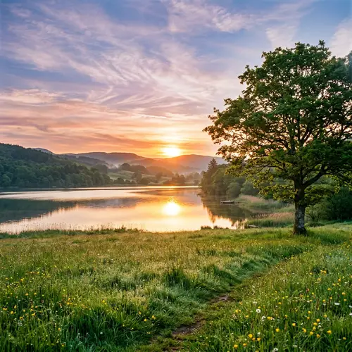 Tranquil Morning Landscape: Lush Green Field, Calm Lake, and Rolling Hills