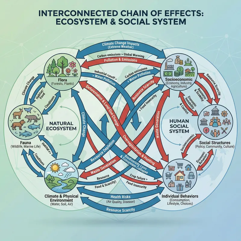 Chain of Effects in Ecosystems and Social Systems: Interconnections and Impacts