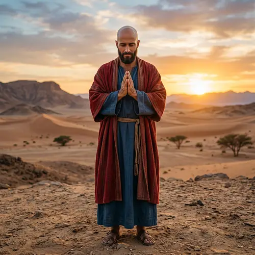 Bald Jesus in Serene Desert Prayer Scene | Religious Art