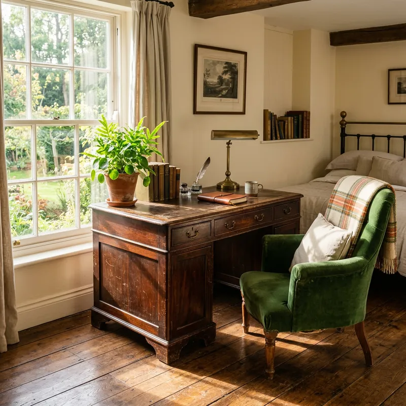 Cozy Bedroom with Antique Desk and Velvet Chair