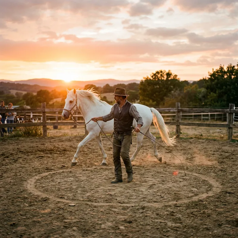 Round Riding Arena with Caucasian Horse Tamer and Spiraling White Horse