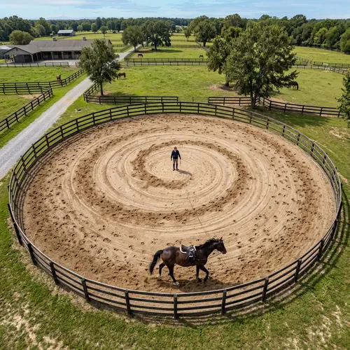 Round Training Ring with Horse Trainer and Spiraling Horse
