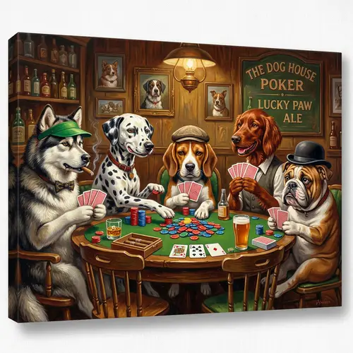 Whimsical Dog Poker Game on Canvas | Playful Canine Characters