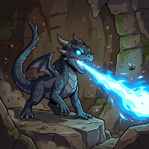 Dark Juvenile Dragon Hunting Fly with Blue Fire | Cell Shading Style