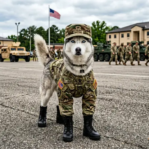 Striking Siberian Husky in Military Uniform