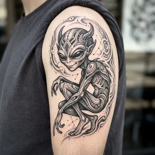 Imaginative Alien Tattoo Design in Monochrome