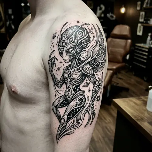 Captivating Alien Tattoo Design in Monochrome