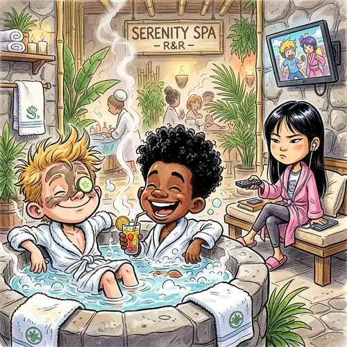 Funny Caricature of 2 Boys and a Girl in Spa Setting