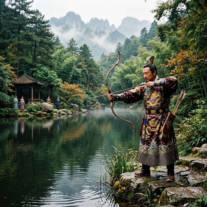 Ancient Chinese Emperor Fishing with Bow and Arrow Ancient Chinese Emperor Fishing with Bow and Arrow