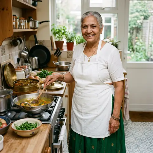 South Asian Grandmother in Emerald Green Skirt and White Blouse