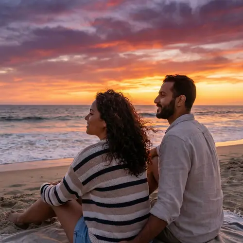 Romantic Sunset Beach Scene with Diverse Couple - Serene and Tranquil