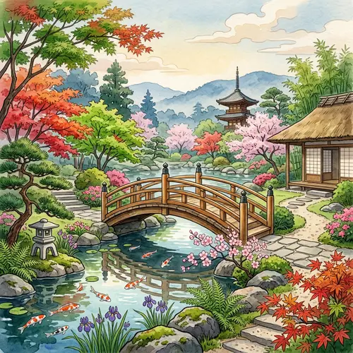 Serene Japanese Garden with Wooden Bridge Art