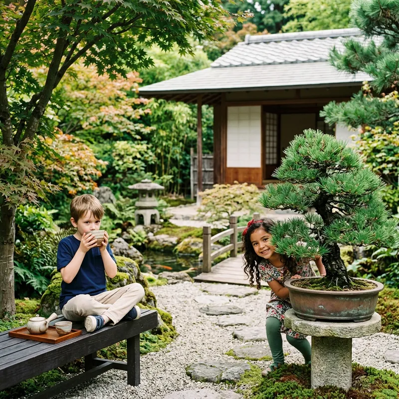 Japanese Tea Garden: Hidden Girl, Bonsai, and Tea-Drinking Boy Japanese Tea Garden: Hidden Girl, Bonsai, and Tea-Drinking Boy