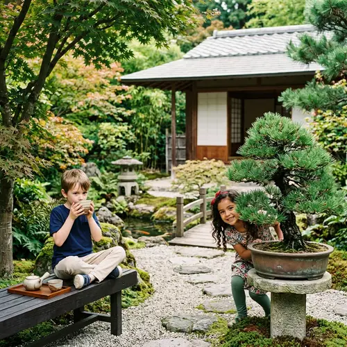 Tranquil Japanese Garden with Hidden Girl and Tea-Drinking Boy