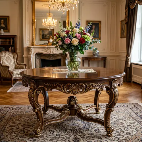 Masterfully Crafted Polished Hardwood Table with Ornate Carvings