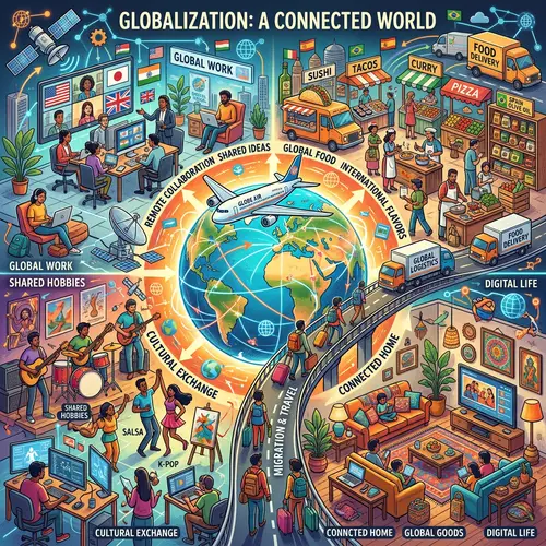 Globalization Illustrated: Work, Food, Hobbies, Home