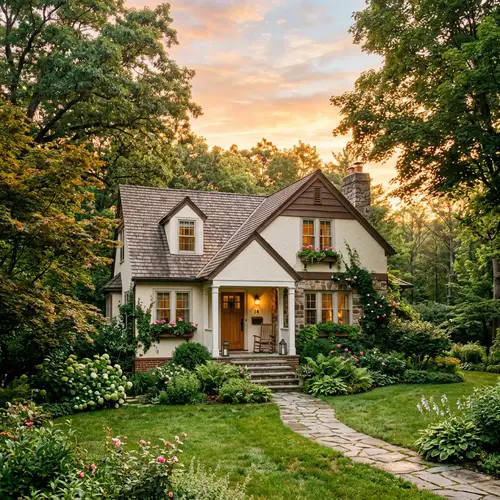 Tranquil Suburban House in Lush Greenery - Sunrise View