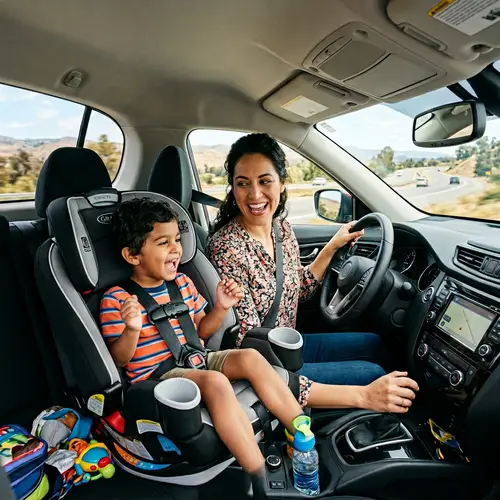 Joyful Preschooler Singing Songs in Car with Mommy