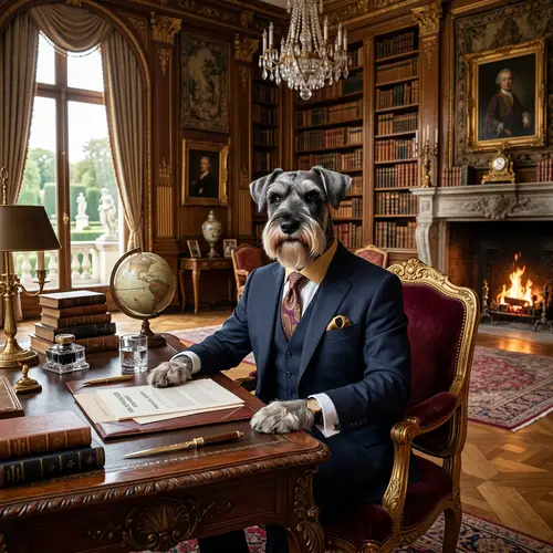 Millionaire Schnauzer Dog in Business Suit | European Mansion