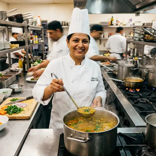 Professional South Asian Female Chef with Ladle in Busy Kitchen