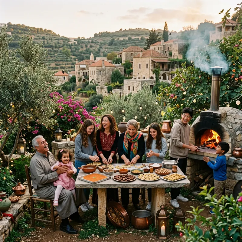 Joyful Levantine Family Celebrates New Year with Festive Desserts in Garden Setting