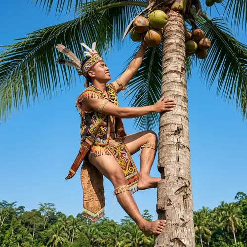 Dayak Warrior Scaling Coconut Tree | Traditional Indonesian Garb