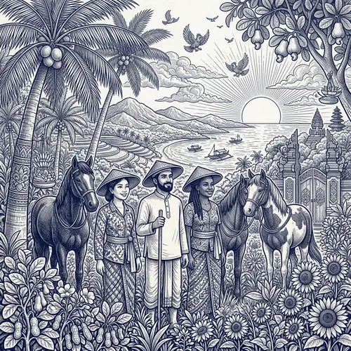 Enchanting Nusantara Orchard: Intricate Line Drawing in Navy Palette