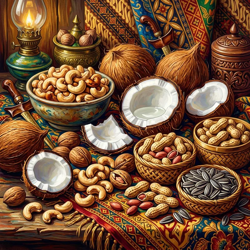 Vibrant Nusantara Nut Composition: Cashews, Coconuts, Peanuts & Seeds
