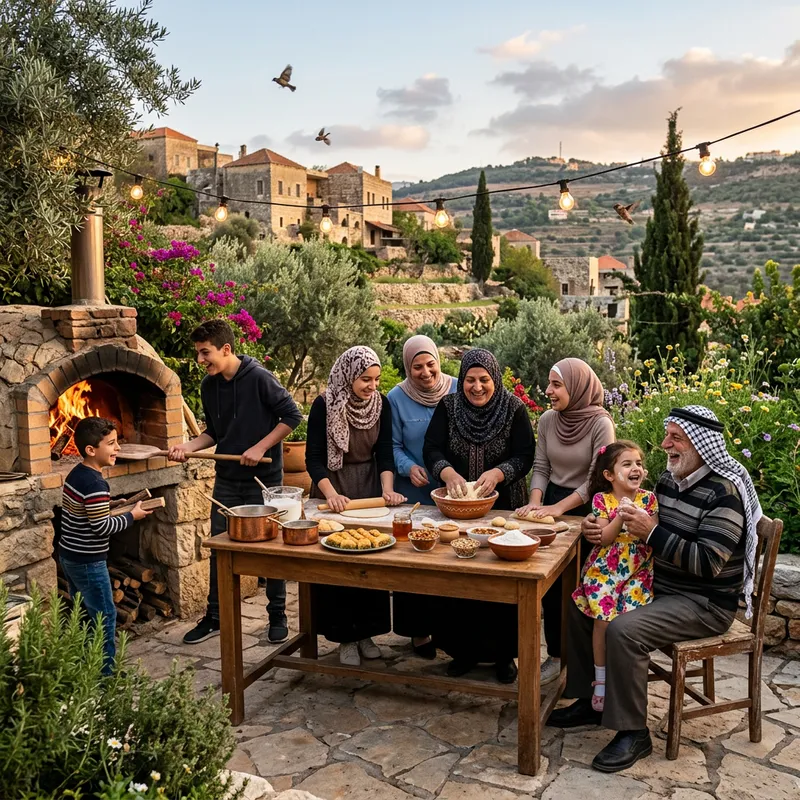 Festive New Year Celebration in Levantine Village Garden with Close-Knit Family