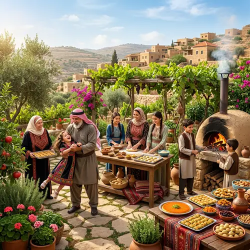 Traditional Levantine Family Baking Desserts in Garden | Village Scene