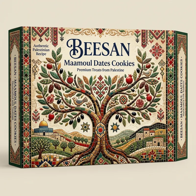 Vibrant Maamoul Dates Cookies Packaging | Tree of Life Mosaic Design