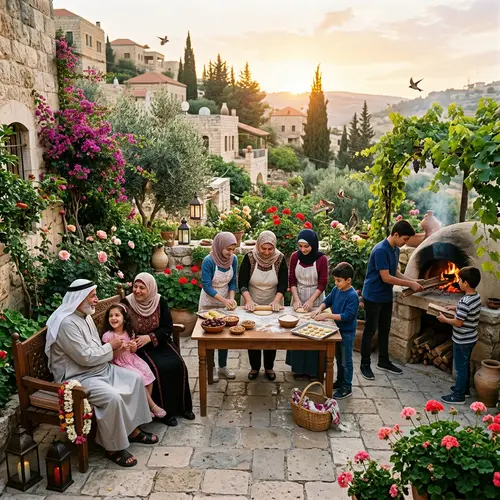 Multigenerational Middle-Eastern Family Celebrating New Year in Levantine Village