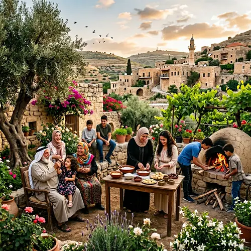 Levantine Village New Year's Celebrations with Family Members in Festive Garden Setting