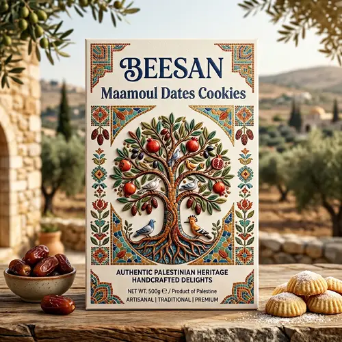 Luxurious Vertical Packaging Design with Holy Land Mosaic Patterns | BEESAN & Maamoul Dates Cookies