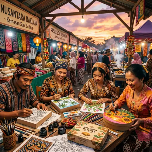 Indonesian Market Scene at Sunset: Nusantara Baklava Packaging Designs