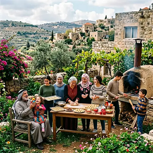 Levantine Family Celebrating New Year in a Picturesque Village